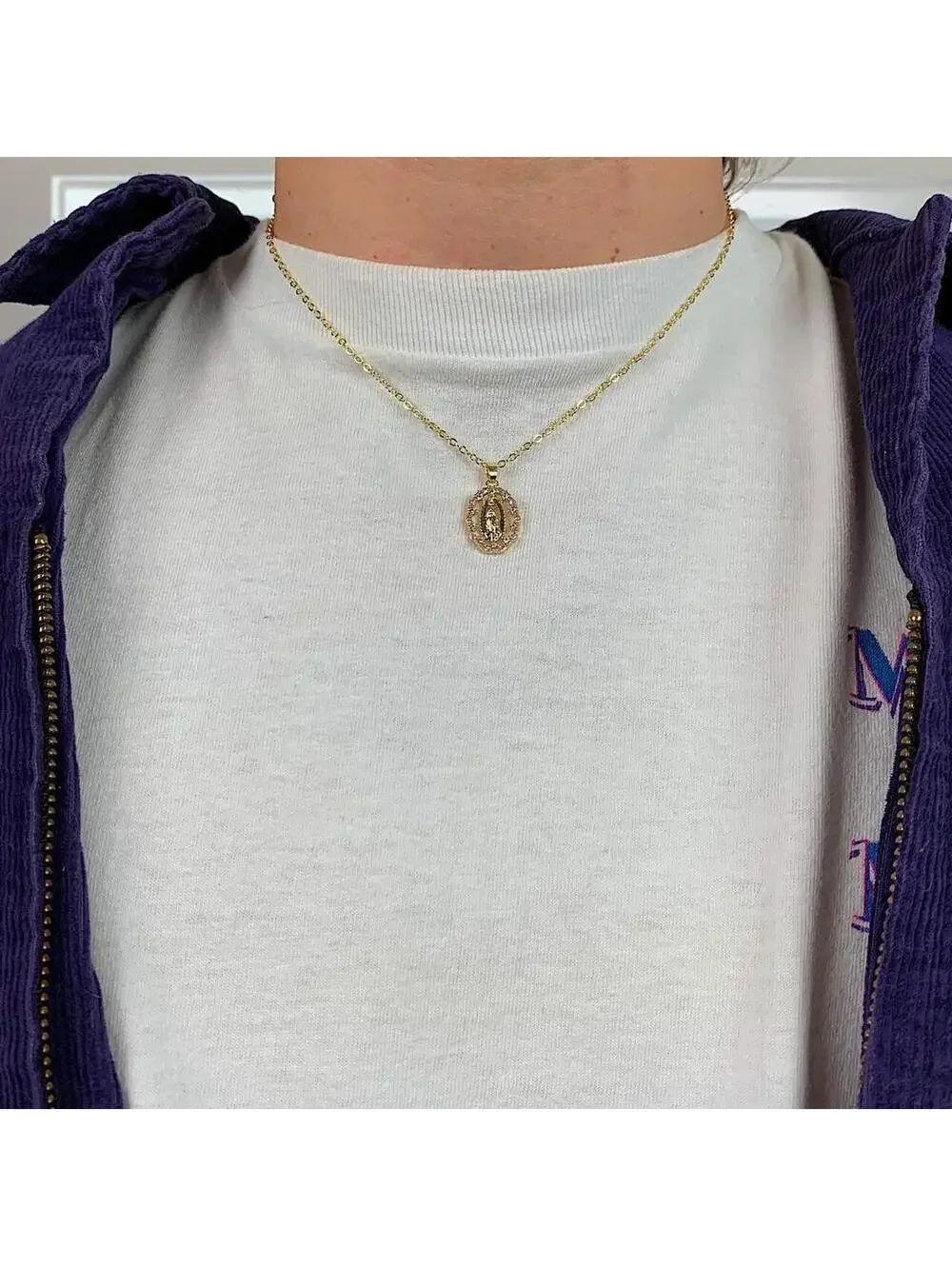 Y2k style gold Saint Marry Pink rhinestone pendant necklace. 19 inches length.
